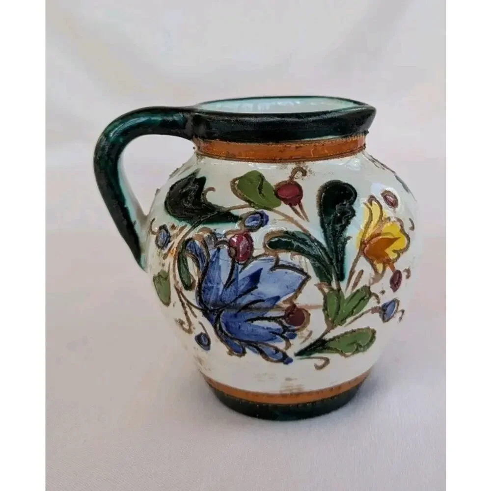 Vtg Italian Pottery Colorful Hand Painted Floral Pitcher 3.5